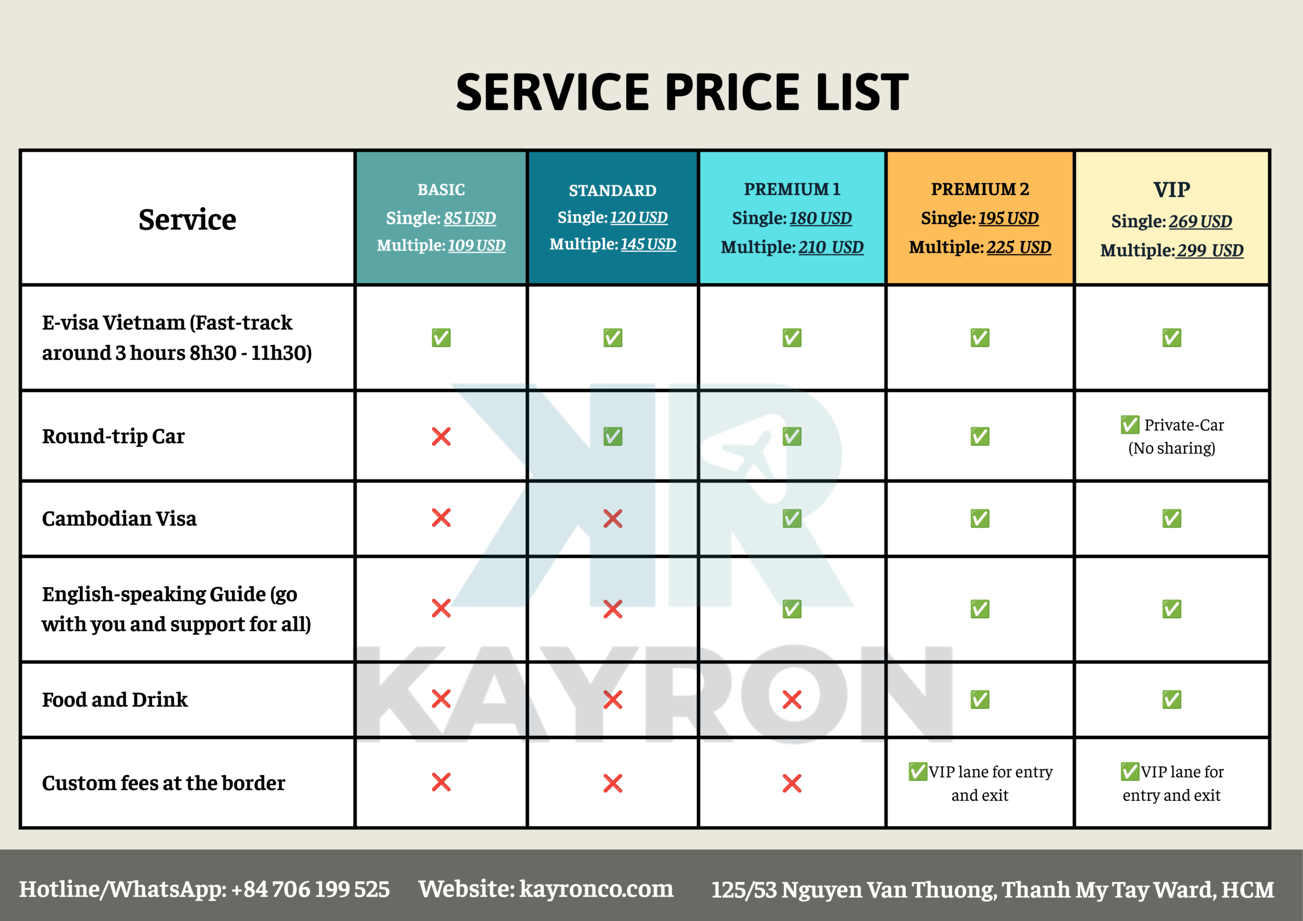 service price list kayron